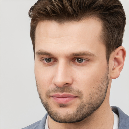 Neutral white young-adult male with short  brown hair and brown eyes