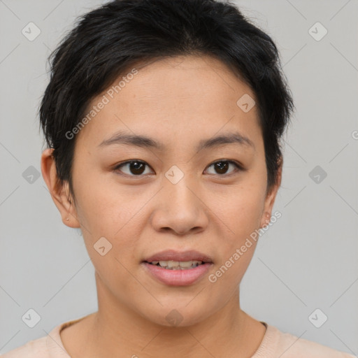 Joyful asian young-adult female with short  brown hair and brown eyes