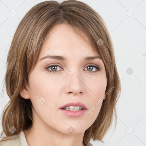 Neutral white young-adult female with medium  brown hair and grey eyes