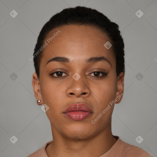 Neutral black young-adult female with short  brown hair and brown eyes