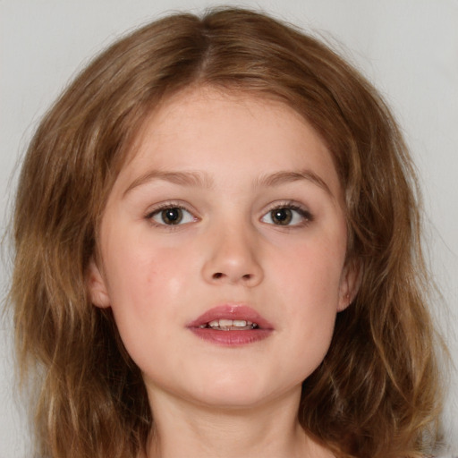 Neutral white child female with medium  brown hair and blue eyes