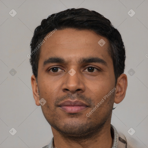 Neutral latino young-adult male with short  black hair and brown eyes