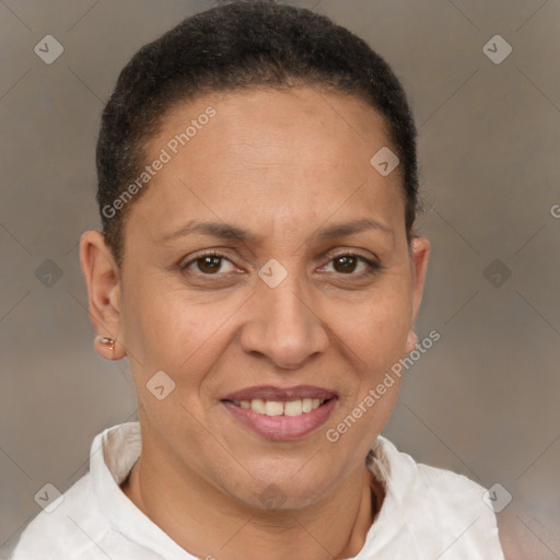 Joyful white adult female with short  brown hair and brown eyes