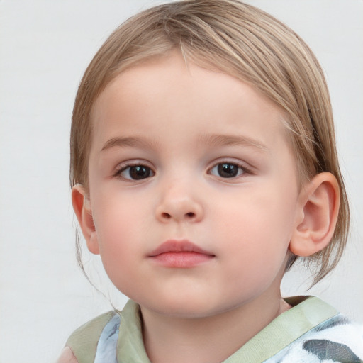 Neutral white child female with medium  brown hair and blue eyes