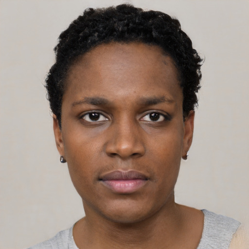 Neutral black young-adult female with short  black hair and brown eyes