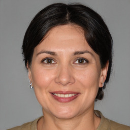 Joyful white adult female with medium  brown hair and brown eyes