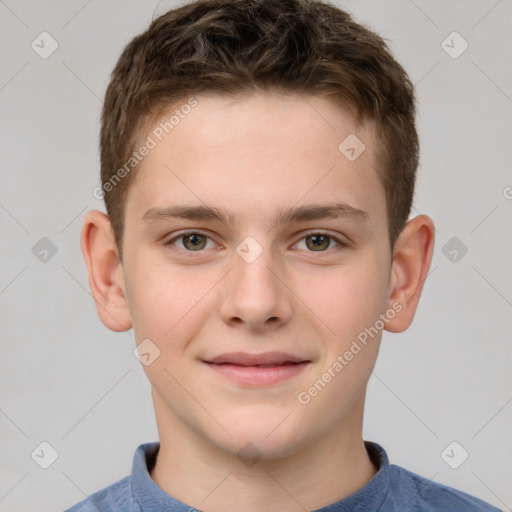 Joyful white child male with short  brown hair and brown eyes