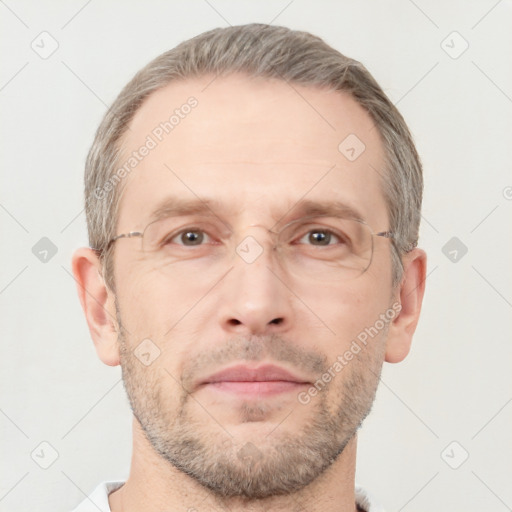 Joyful white adult male with short  brown hair and grey eyes