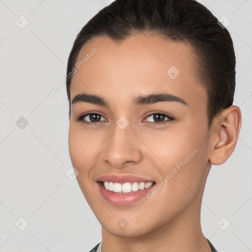 Joyful white young-adult female with short  brown hair and brown eyes