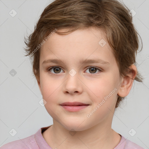 Joyful white child female with medium  brown hair and grey eyes