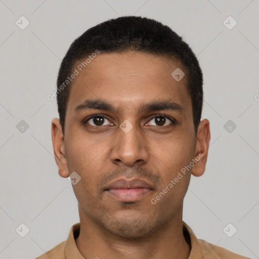 Neutral latino young-adult male with short  black hair and brown eyes