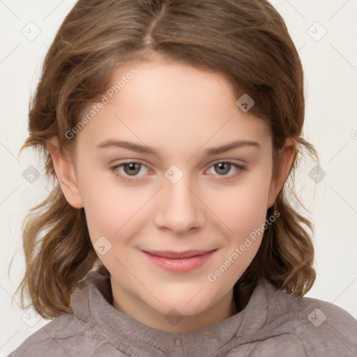 Joyful white child female with medium  brown hair and brown eyes