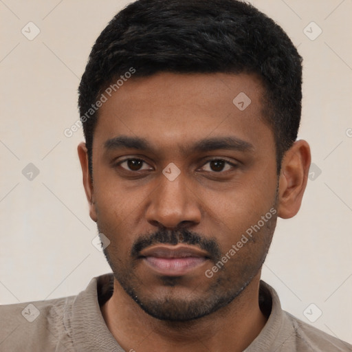 Neutral latino young-adult male with short  black hair and brown eyes