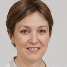 Joyful white adult female with short  brown hair and grey eyes