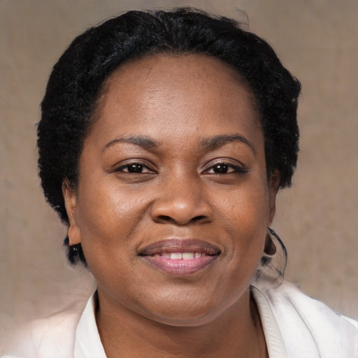 Joyful black adult female with short  brown hair and brown eyes