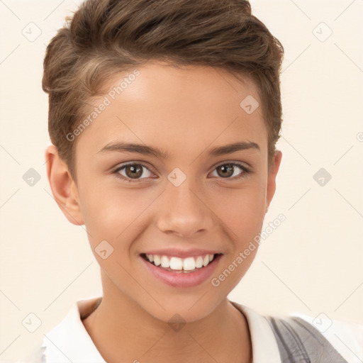 Joyful white child female with short  brown hair and brown eyes