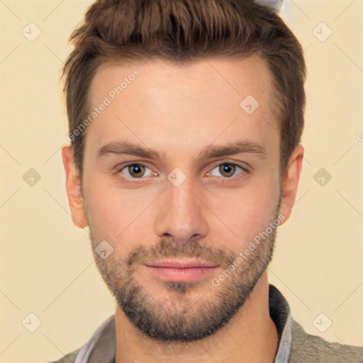 Neutral white young-adult male with short  brown hair and brown eyes