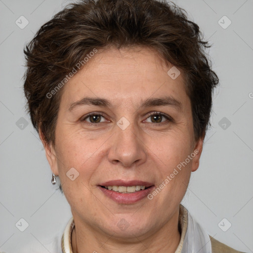 Joyful white adult female with short  brown hair and brown eyes