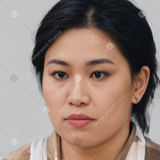 Neutral asian young-adult female with medium  brown hair and brown eyes