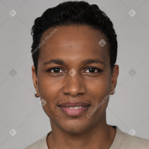 Joyful black young-adult male with short  black hair and brown eyes