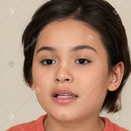 Joyful white child female with medium  brown hair and brown eyes