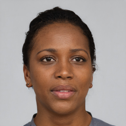 Neutral black young-adult female with short  brown hair and brown eyes