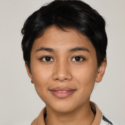 Joyful asian young-adult female with short  black hair and brown eyes