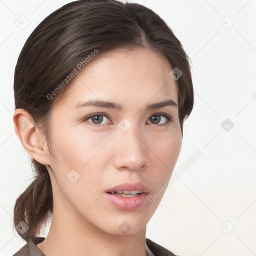 Neutral white young-adult female with medium  brown hair and brown eyes