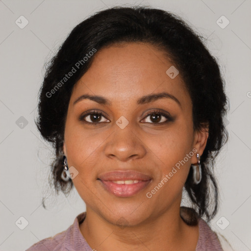 Joyful black young-adult female with medium  brown hair and brown eyes