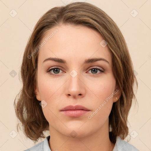 Neutral white young-adult female with medium  brown hair and brown eyes