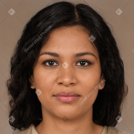 Joyful black young-adult female with medium  brown hair and brown eyes