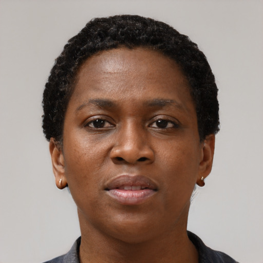 Neutral black young-adult female with short  black hair and brown eyes