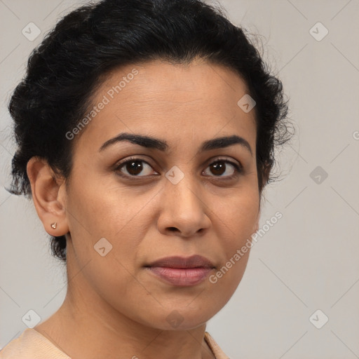 Joyful latino young-adult female with short  brown hair and brown eyes