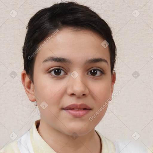 Joyful white child female with short  brown hair and brown eyes