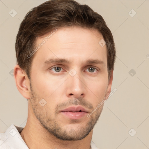 Neutral white young-adult male with short  brown hair and brown eyes