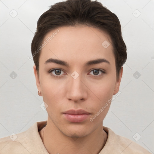 Neutral white young-adult female with short  brown hair and brown eyes