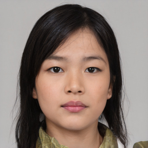 Neutral asian young-adult female with medium  black hair and brown eyes