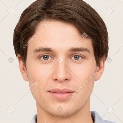 Neutral white young-adult male with short  brown hair and brown eyes