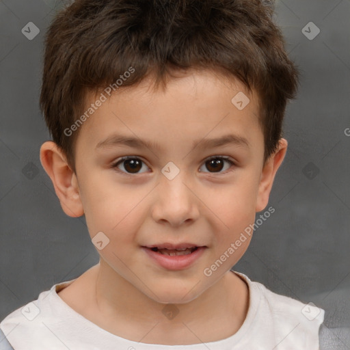 Joyful white child male with short  brown hair and brown eyes