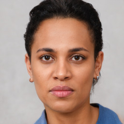 Neutral latino young-adult female with short  brown hair and brown eyes