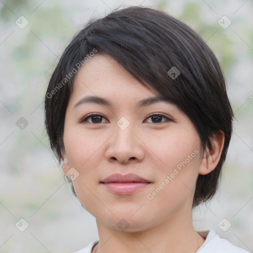 Joyful asian young-adult female with medium  brown hair and brown eyes