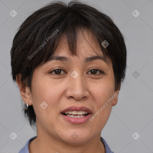 Joyful white adult female with medium  brown hair and brown eyes