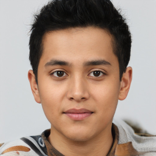 Neutral latino young-adult male with short  brown hair and brown eyes