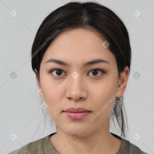 Neutral asian young-adult female with medium  brown hair and brown eyes