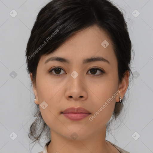 Neutral asian young-adult female with medium  brown hair and brown eyes