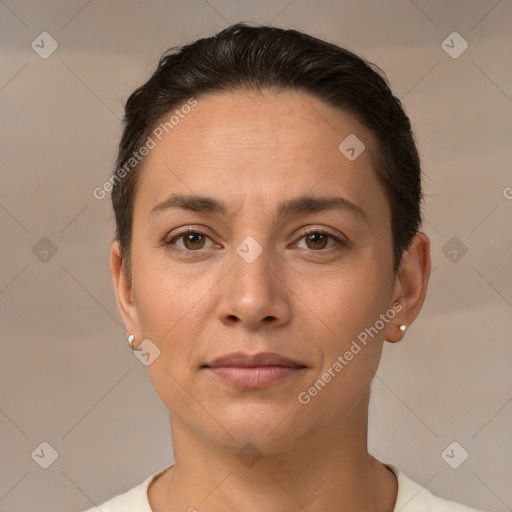 Joyful white young-adult female with short  brown hair and brown eyes