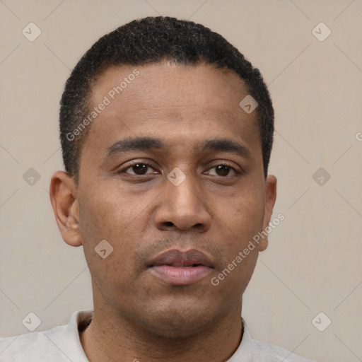 Neutral latino young-adult male with short  black hair and brown eyes