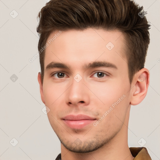 Neutral white young-adult male with short  brown hair and brown eyes