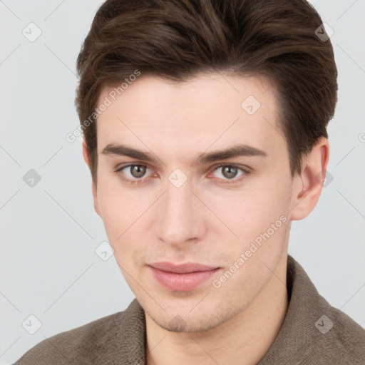 Neutral white young-adult male with short  brown hair and brown eyes