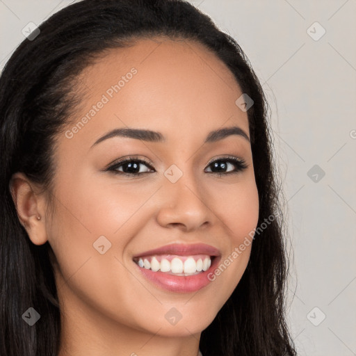 Joyful white young-adult female with long  brown hair and brown eyes